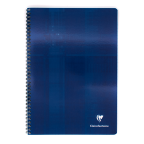 A blue spiral-bound notebook featuring the white Clairefontaine logo in the bottom right corner, set against a plain white background.