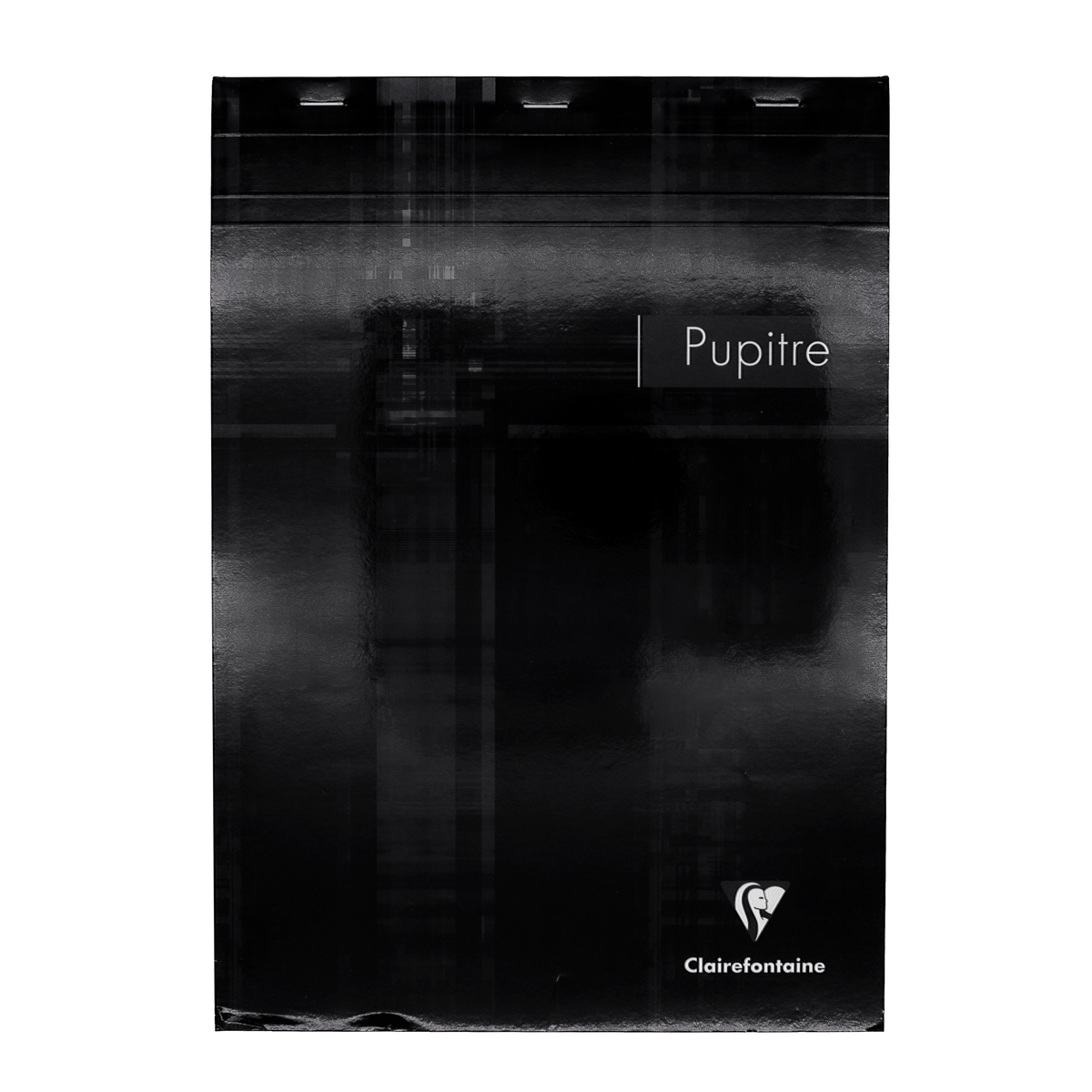 A glossy black top staplebound notepad with the white logo on the bottom right corner.