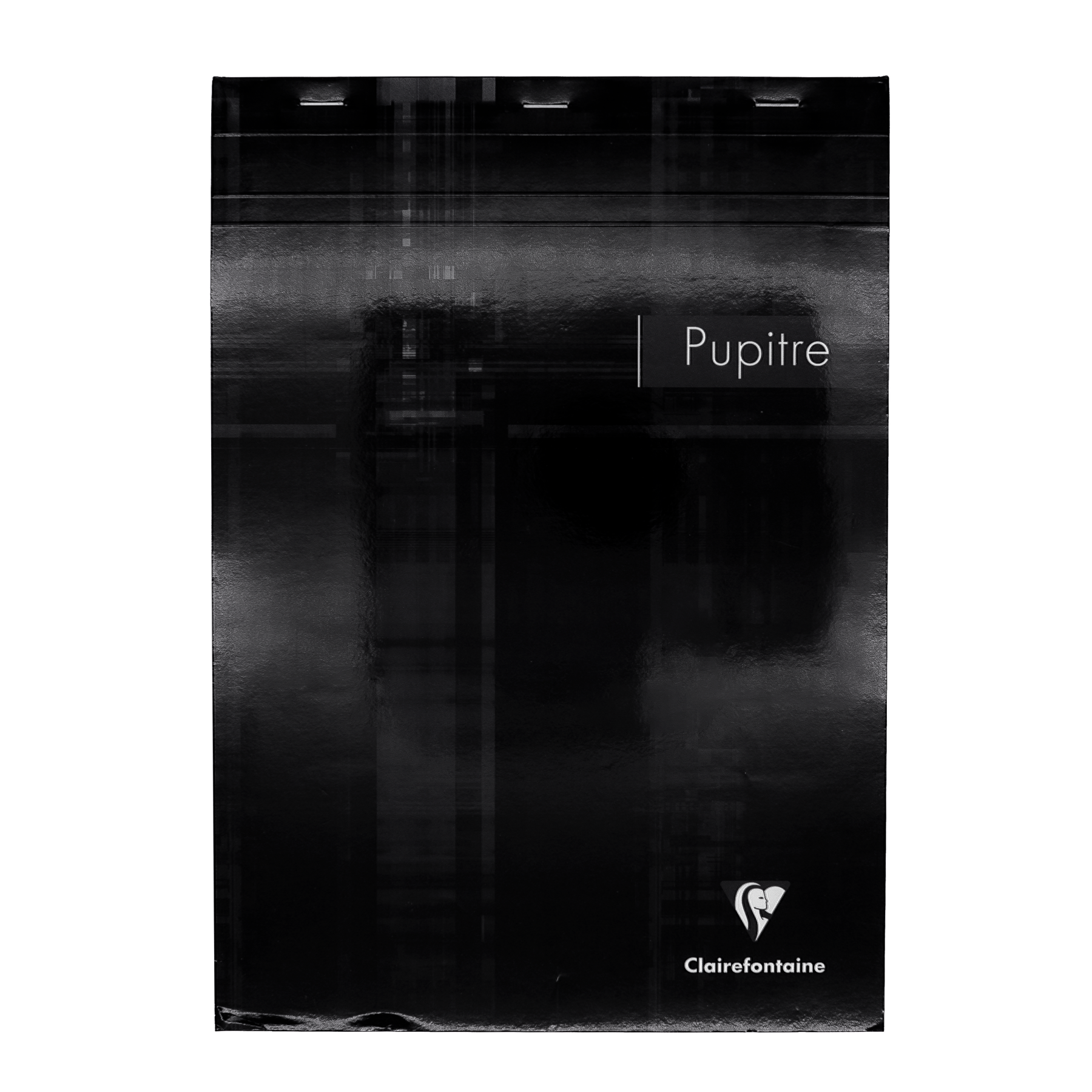 A glossy black top staplebound notepad with the white logo on the bottom right corner.