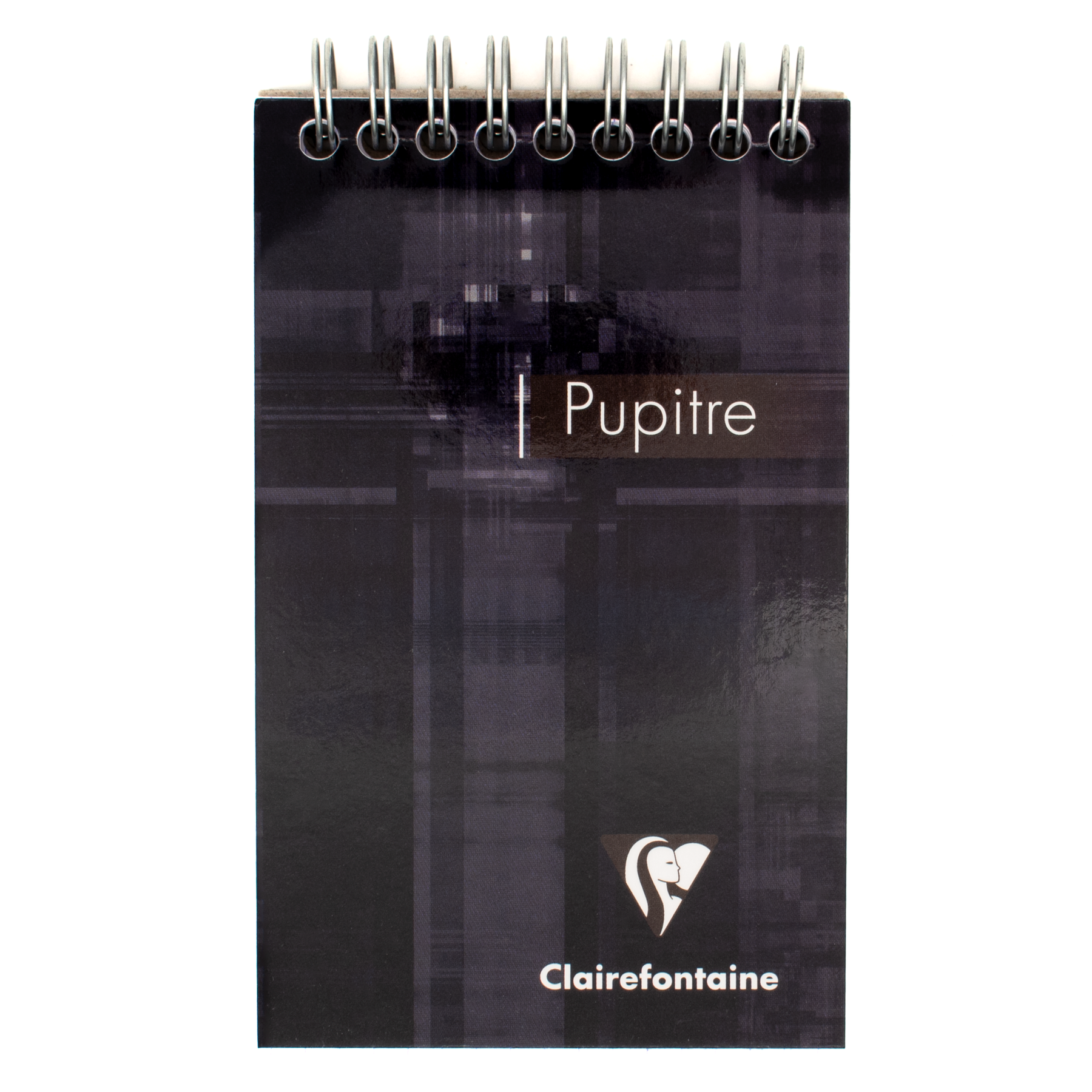 A black top wire bound notepad with text that says 'Pupitre' and the Clairefontaine logo located in the bottom right corner of the cover. 