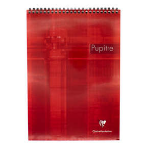 A top spiral-bound notebook with a red abstract cover design, featuring the text 'Pupitre' and the Clairefontaine logo near the bottom, set against a plain white background.