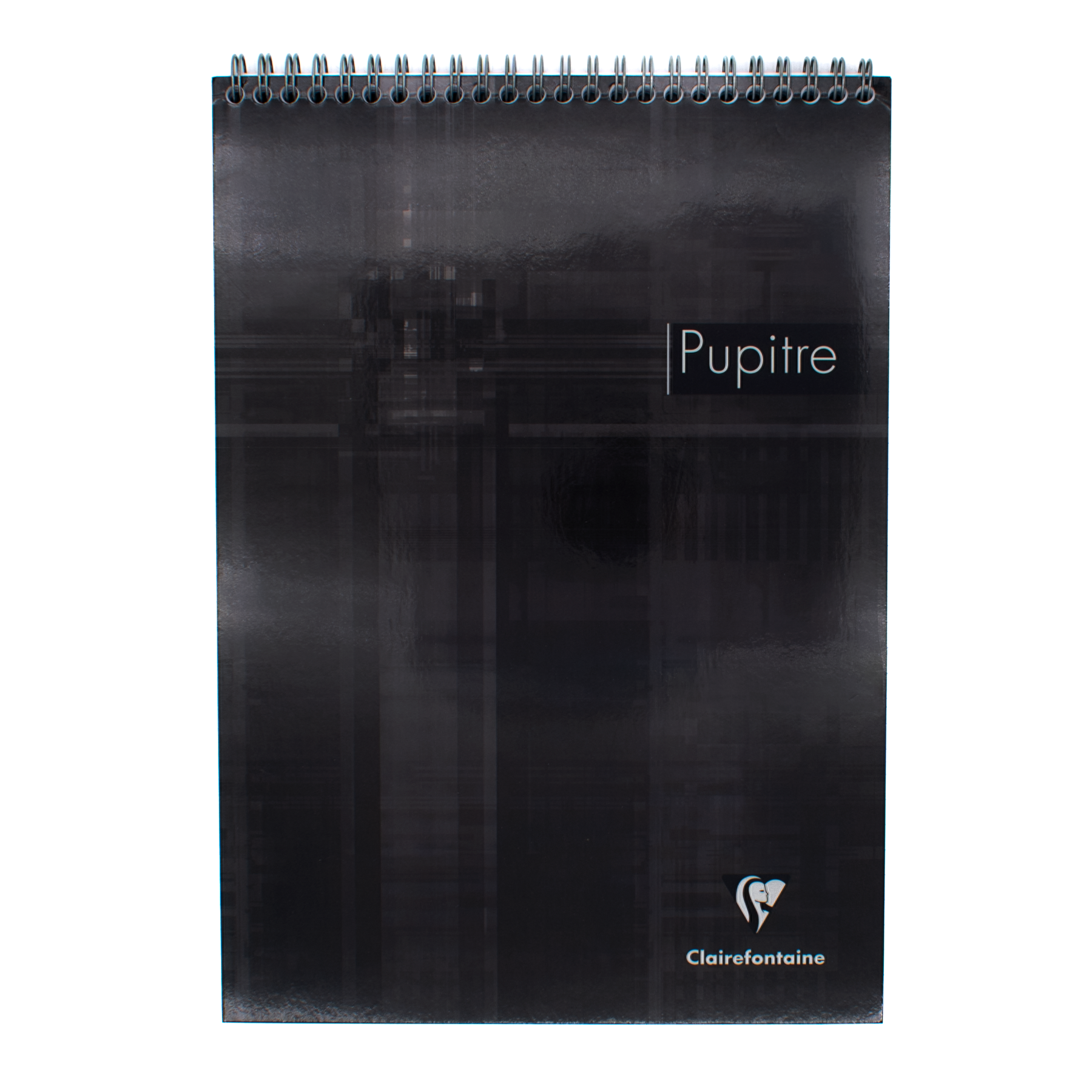 A top spiral-bound notebook with a black abstract cover design, featuring the text 'Pupitre' and the Clairefontaine logo near the bottom, set against a plain white background.