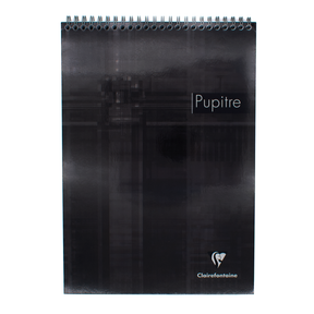 A top spiral-bound notebook with a black abstract cover design, featuring the text 'Pupitre' and the Clairefontaine logo near the bottom, set against a plain white background.