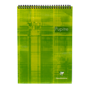 A top spiral-bound notebook with a green abstract cover design, featuring the text 'Pupitre' and the Clairefontaine logo near the bottom, set against a plain white background.