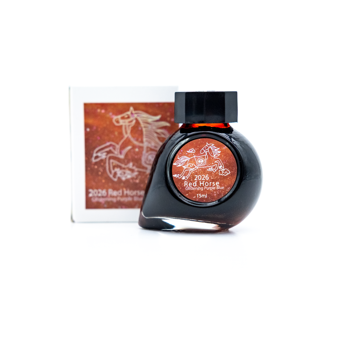 A 15ml bottle of 2026 Red Horse ink in glistening purple blue with its product box behind it, set against a solid white background.