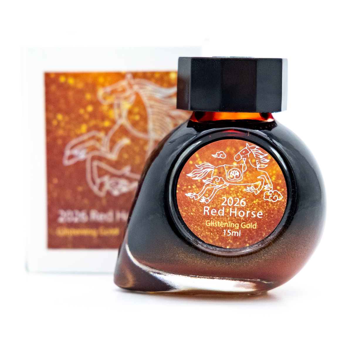 A 15ml bottle of '2026 Red Horse' glittering gold ink with a black cap, shown in front of its white and gold packaging box on a white background.