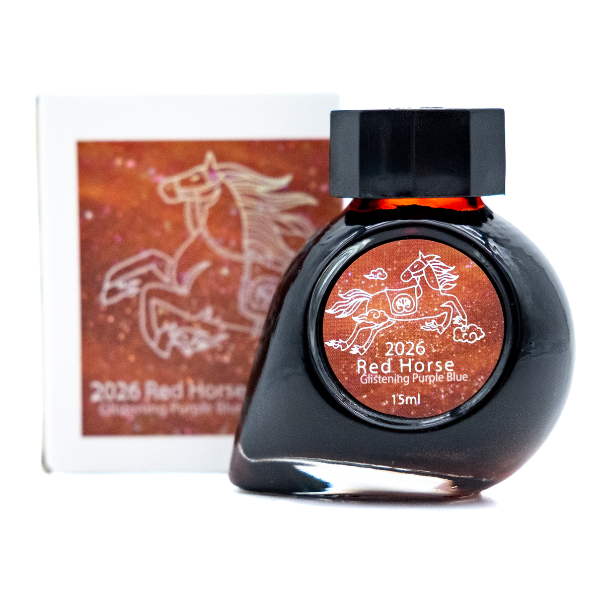 A 15ml bottle of 2026 Red Horse ink in glistening purple blue with its product box behind it, set against a solid white background.