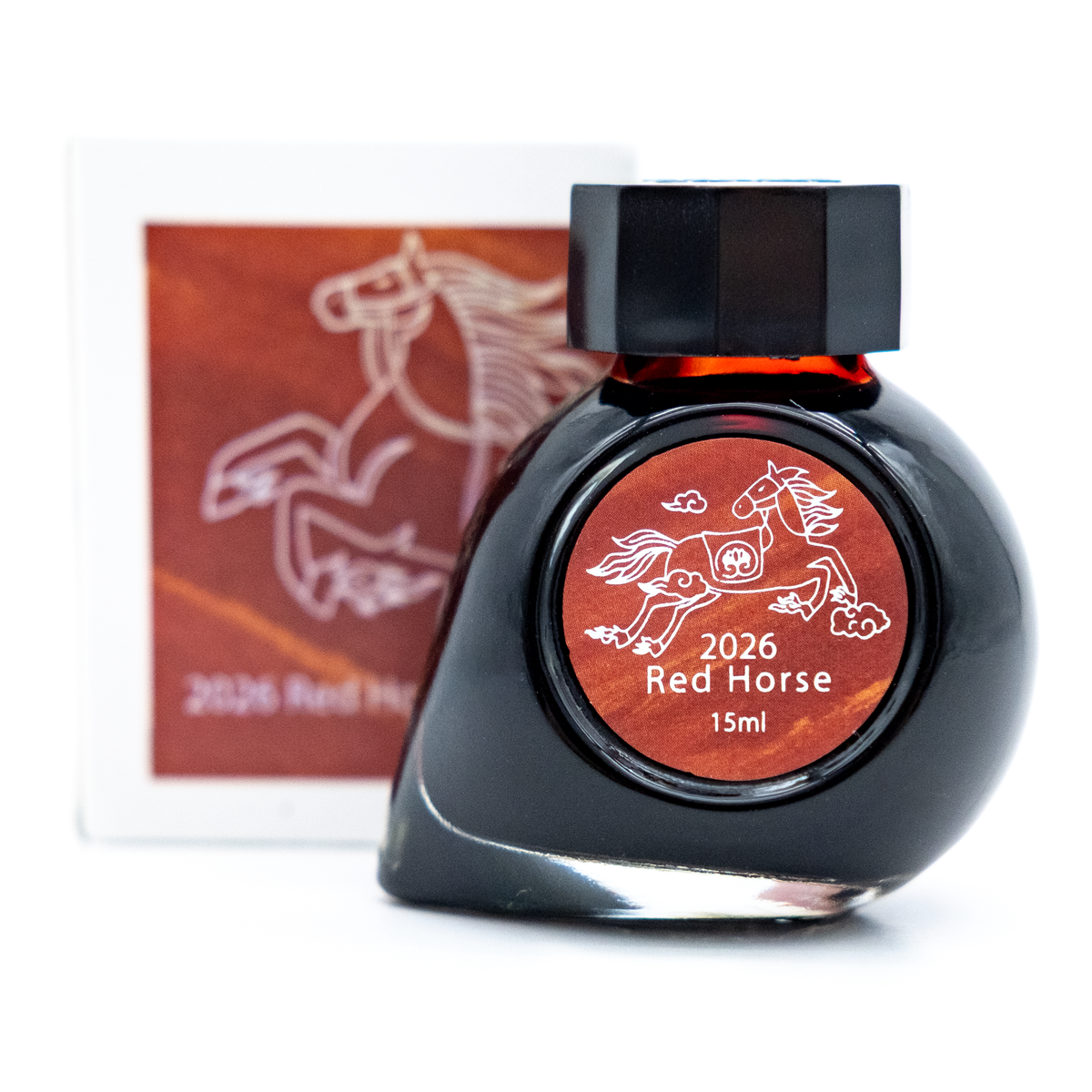 A 15ml bottle of Red Horse ink with a black cap and a red label featuring a white horse illustration, shown with its product box on a white background.