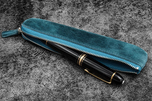 Galen Leather Co. Leather Zippered Single Pen Pouch - Crazy Horse Ocean Blue