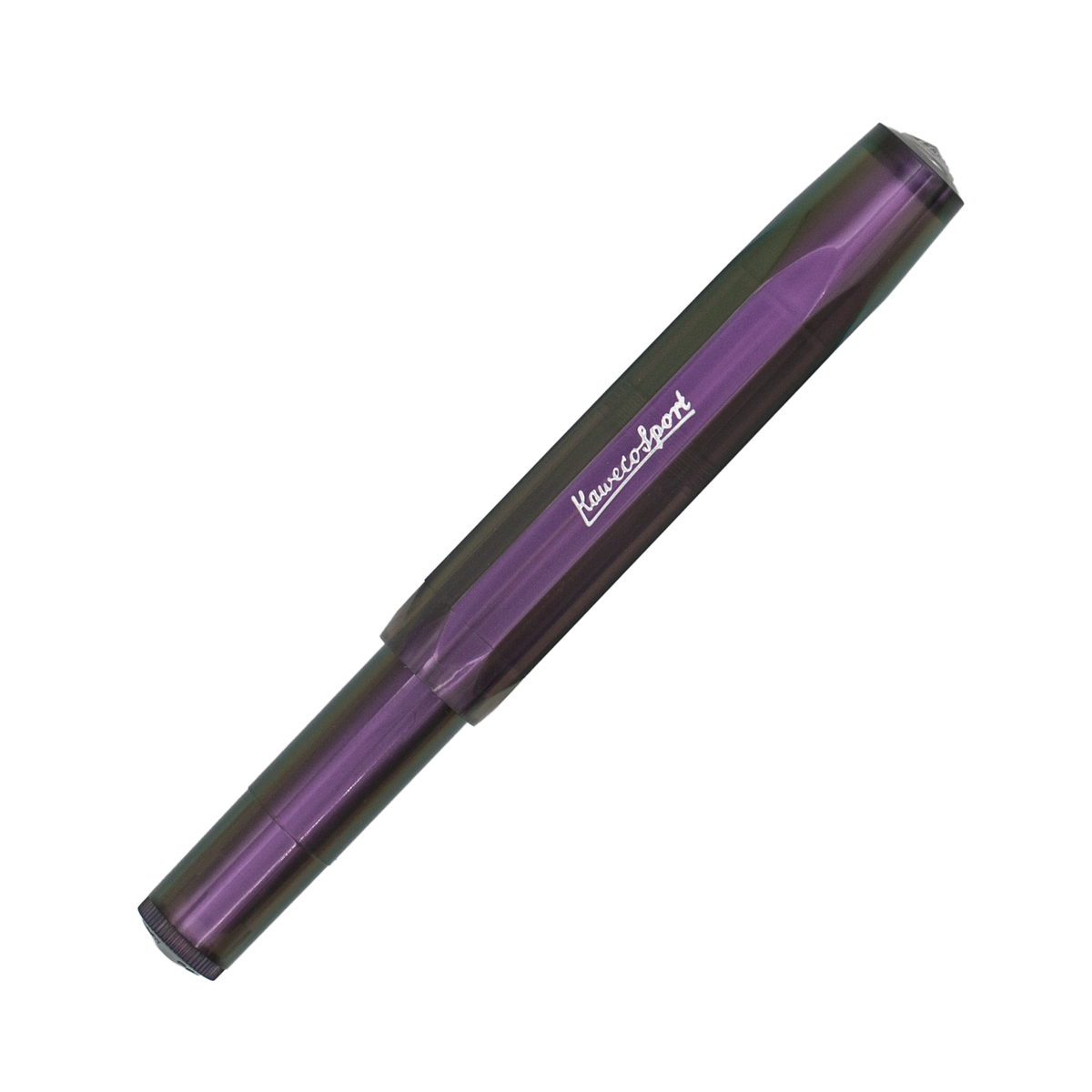 A purple and dark green iridescent fountain pen with silver details, shown diagonally on a plain white background. The brand name 'Kaweco' is embossed in silver script on the cap.