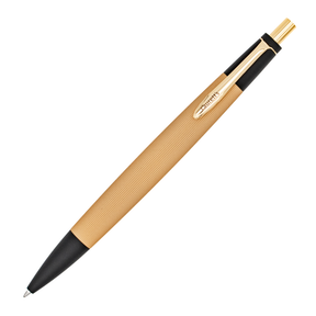 A gold and black pen with a textured grip, gold clip, and black tip, shown diagonally on a plain white background.
