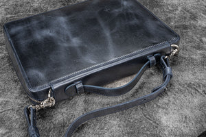 Galen Leather Co. Leather Compendium Bag - A4 Zippered Folio Organizer - Crazy Horse Navy