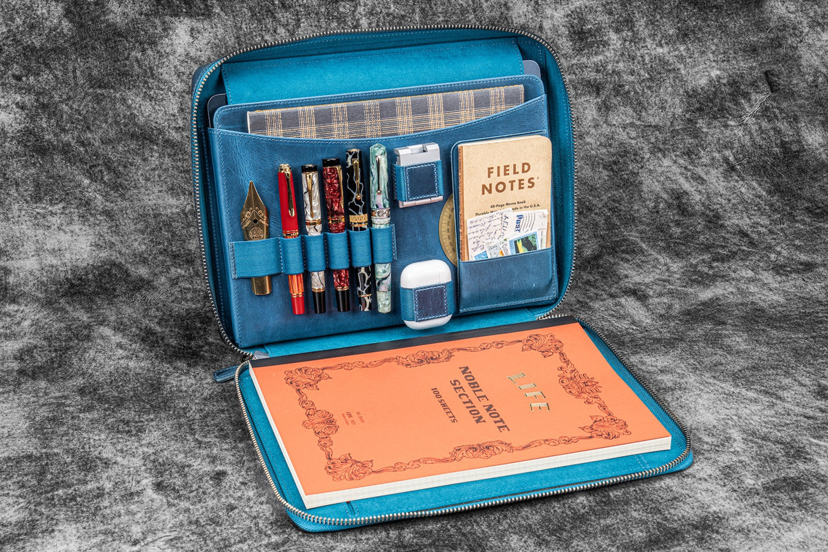Galen Leather Co. Leather Compendium Bag - A4 Zippered Folio Organizer - Crazy Horse Ocean