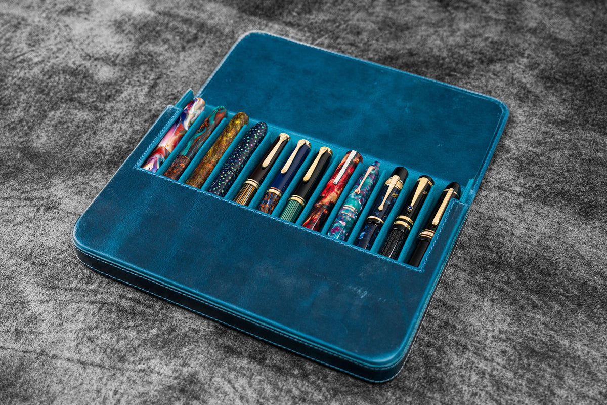 Galen Leather Co. Magnum Opus 12 Slot Magnetic Hard Pen Case - Crazy Horse Ocean Blue