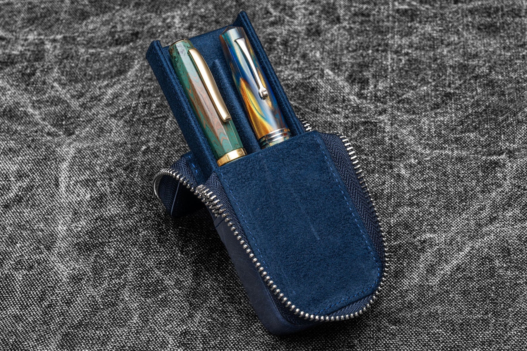 Galen Leather Co. Zipper Magnum Opus 2 Slot Hard Pen Case - Crazy Horse Navy