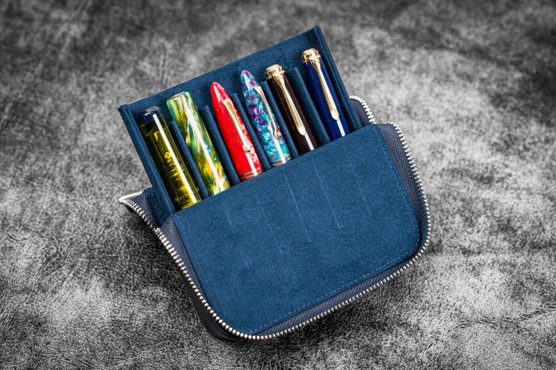 Galen Leather Co. Zipper Magnum Opus 6 Slot Hard Pen Case - Crazy Horse Navy Blue