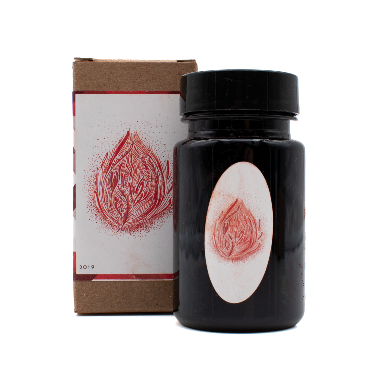 A black bottle with a black cap and a white oval label featuring a red abstract floral illustration, standing next to its brown cardboard box with a matching white and red label, on a white background.