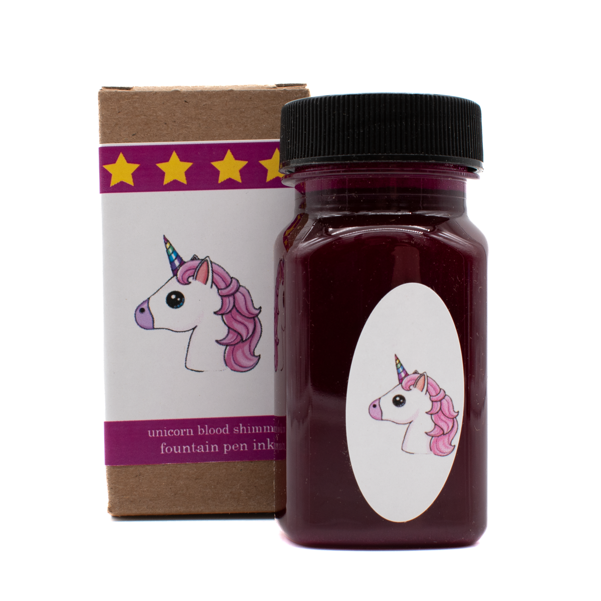 A bottle of unicorn blood shimmer fountain pen ink next to its brown cardboard packaging box, both featuring a cute unicorn illustration on a white label with a purple band.