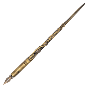 An ornate antique-style gold and bronze writing dip pen with intricate engravings on the handle and a bronze-toned nib, shown diagonally on a plain white background.