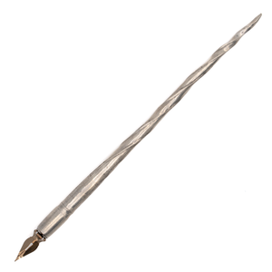A brushed antique silver calligrapher's dip pen with a handmade swirl texture that is located up the shaft of the handle. There is a bronze-toned nib with a keyhole accent.