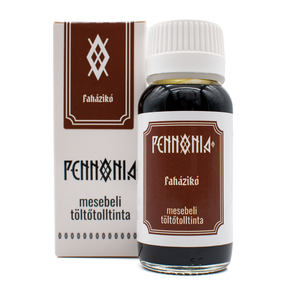 A bottle of 'Faházikó' Pennonia ink next to its white and brown packaging box on a white background.