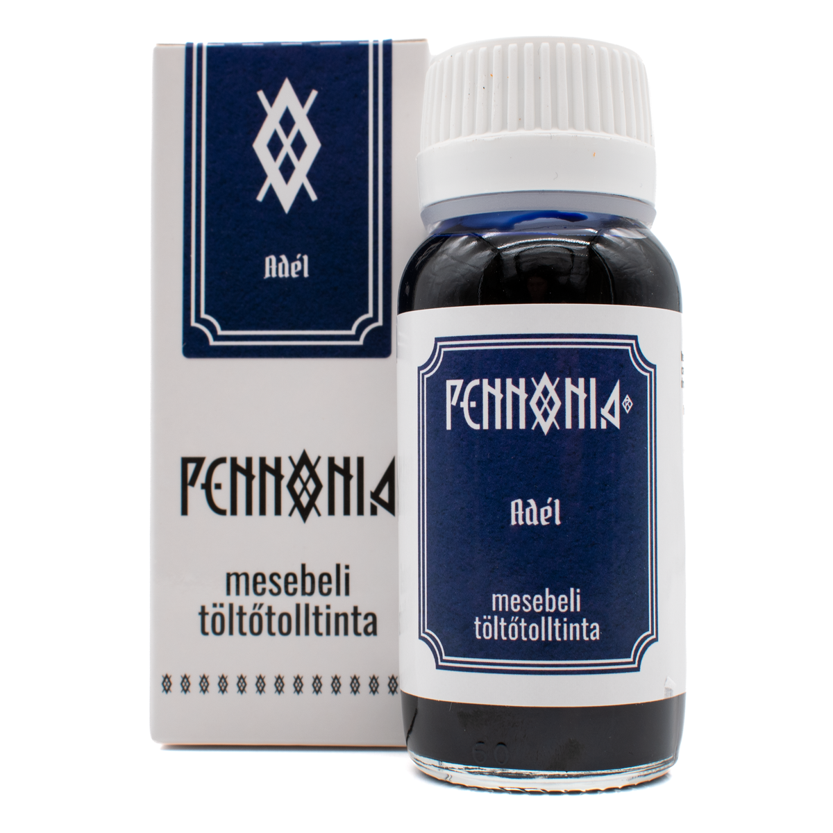 A bottle of 'Adél' Pennonia ink next to its white and navy blue packaging box on a white background.