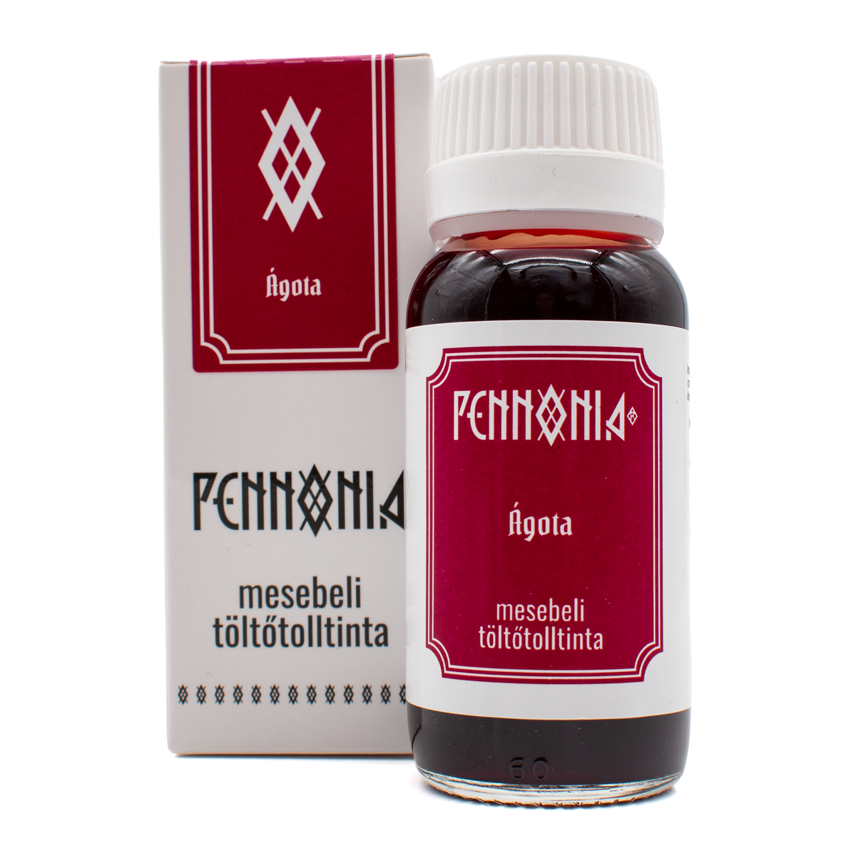 A bottle of 'Ágota' Pennonia ink next to its white and red packaging box on a white background.