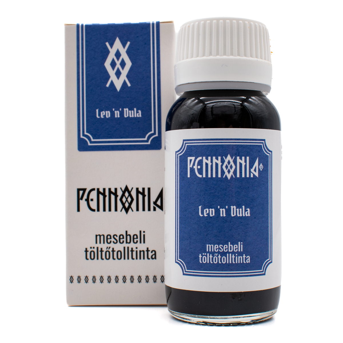 A bottle of 'Lev 'n' Dula' Pennonia ink next to its white and blue packaging box on a white background.
