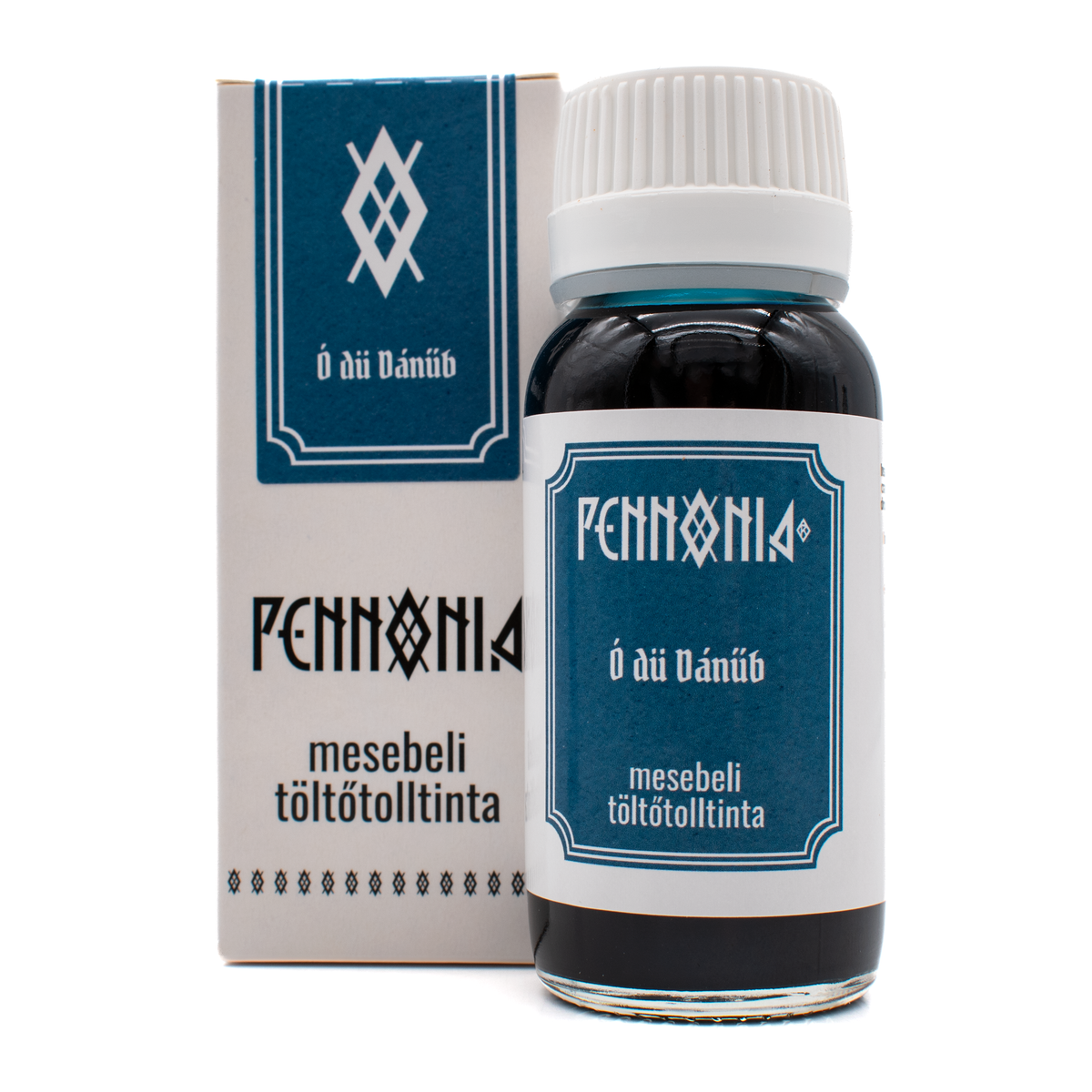 A bottle of 'Ó dü Dánüb' Pennonia ink next to its white and dark teal packaging box on a white background.