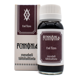 A bottle of 'Esti Tízes' Pennonia ink next to its white and dark burgundy packaging box on a white background.