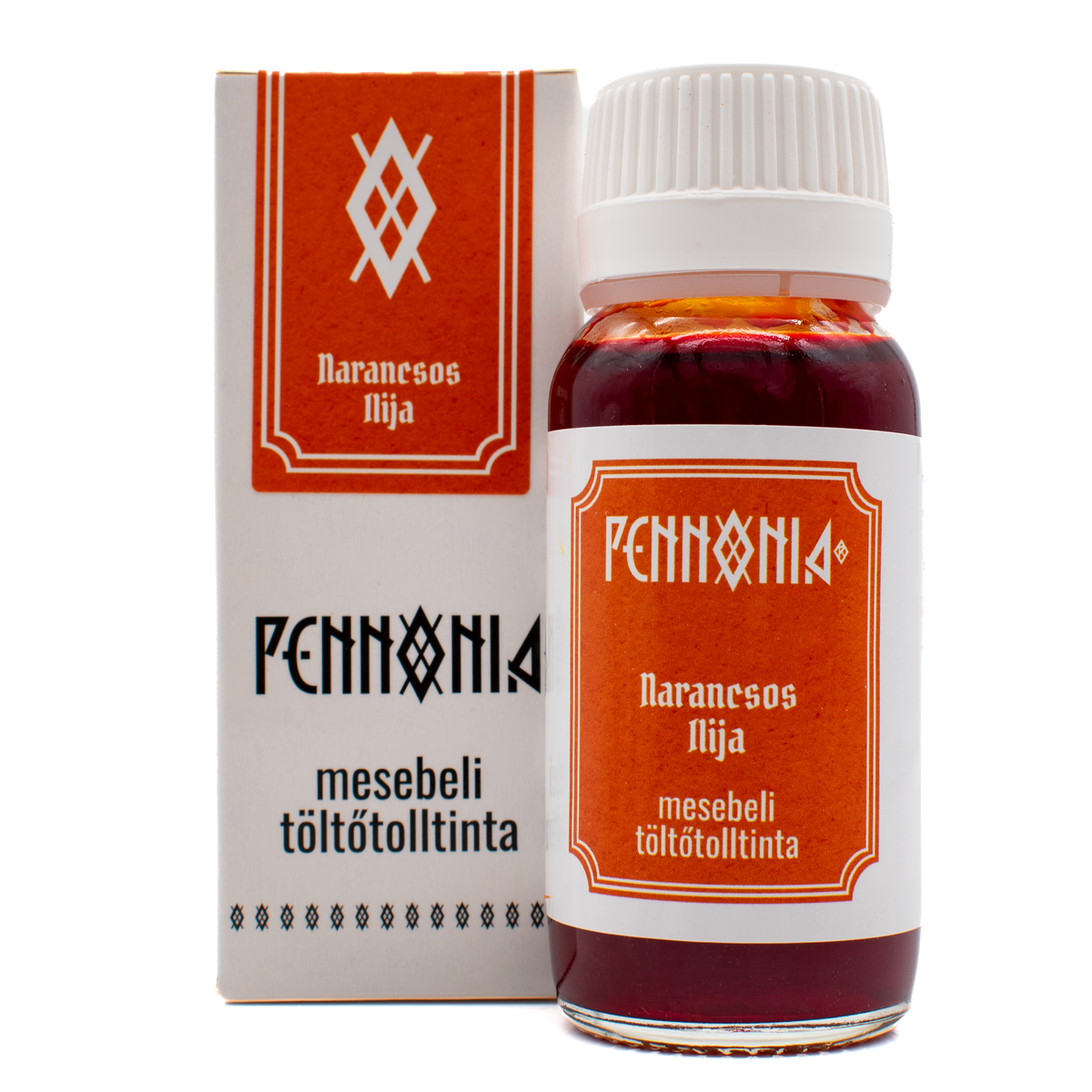 A bottle of 'Narancsos Ilija' Pennonia ink next to its white and orange packaging box on a white background.