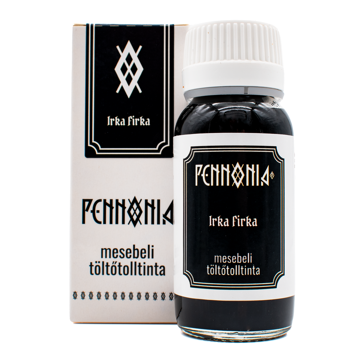 A bottle of 'Irka Firka' Pennonia ink next to its white and black packaging box on a white background.