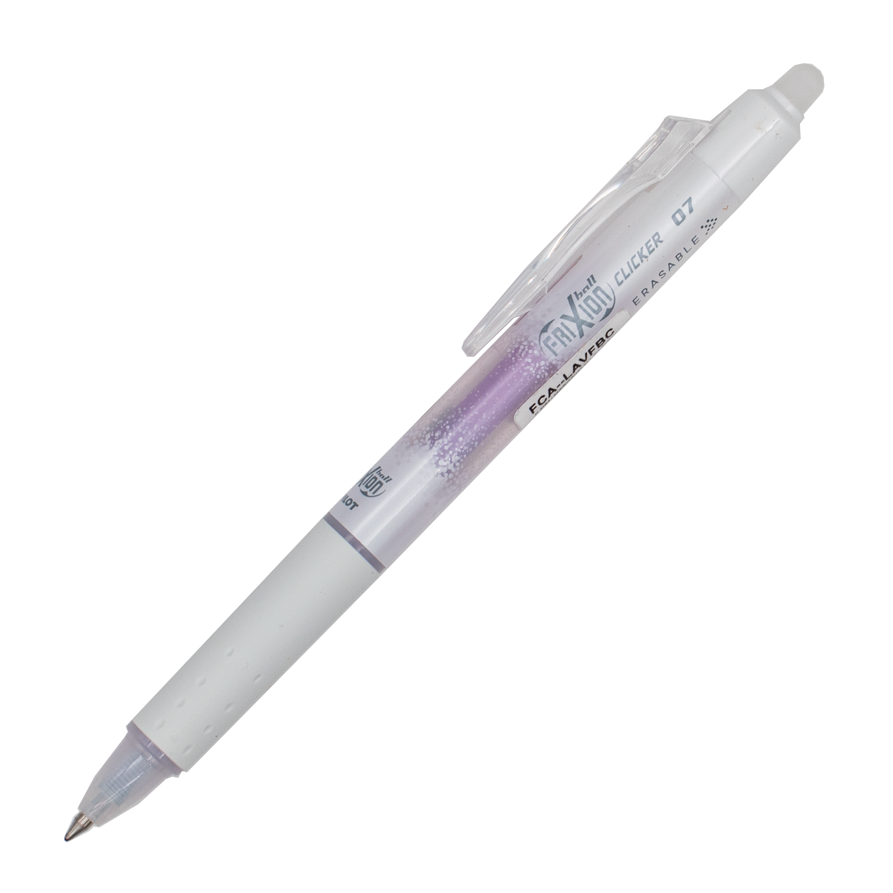 A white pen with silver details and lavender ink on a plain white background.