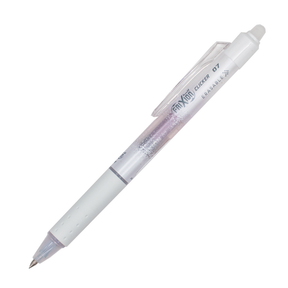 A white pen with silver details and magenta ink on a plain white background.