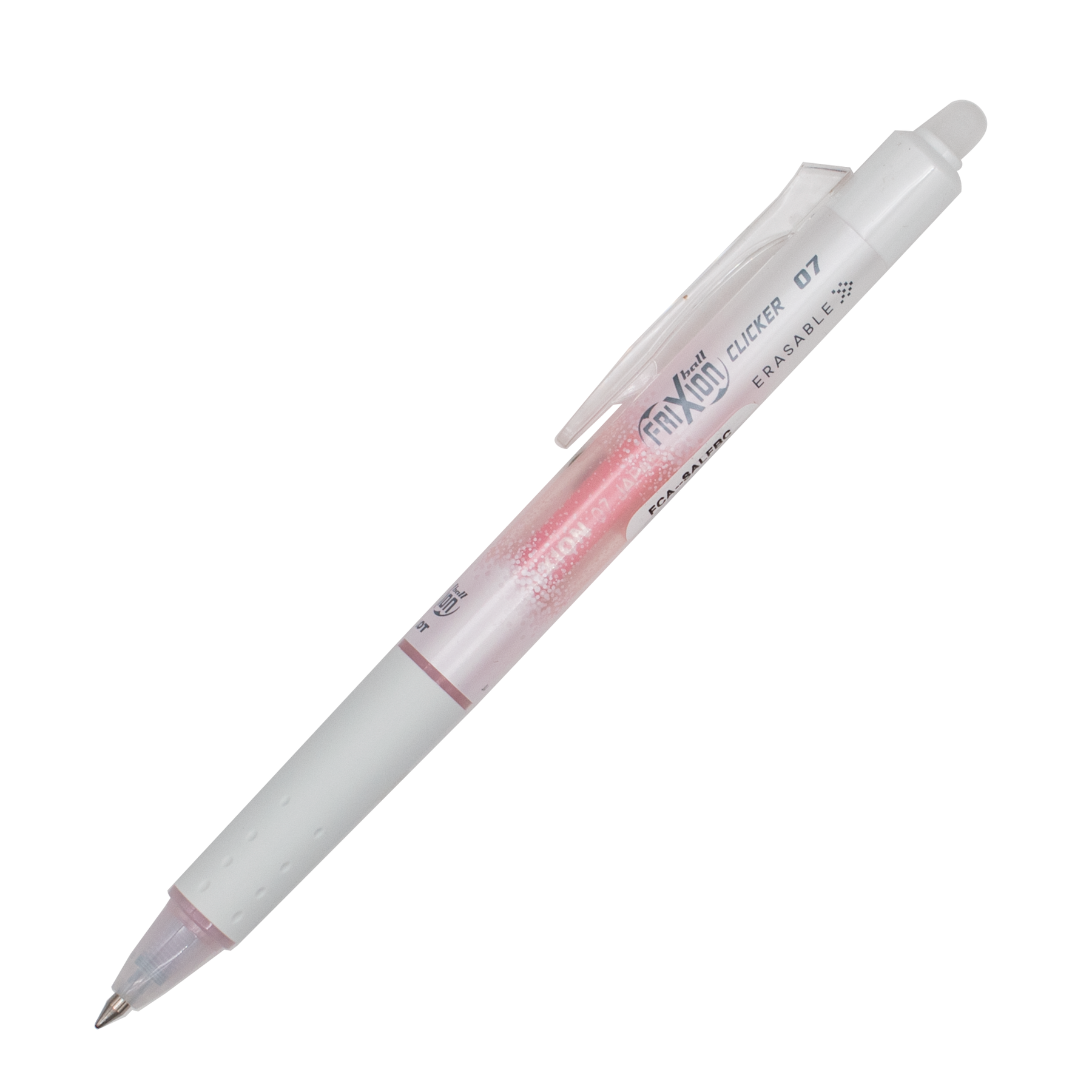 A white pen with silver details and salmon colored ink on a plain white background.