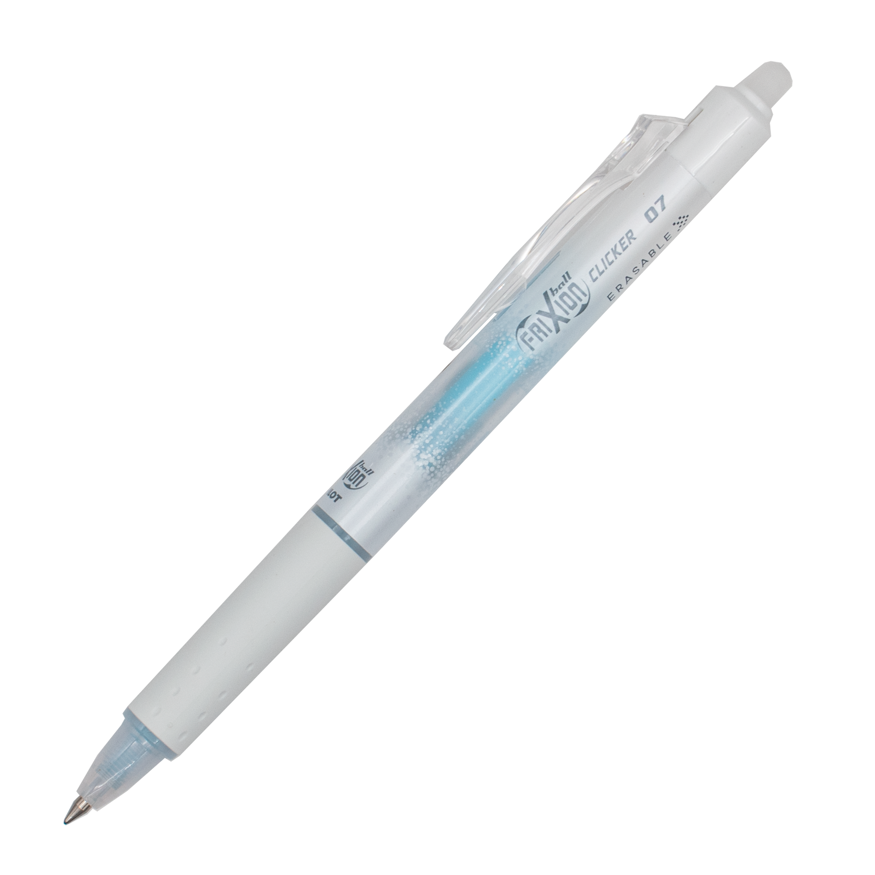 A white pen with silver details and turquoise ink on a plain white background.