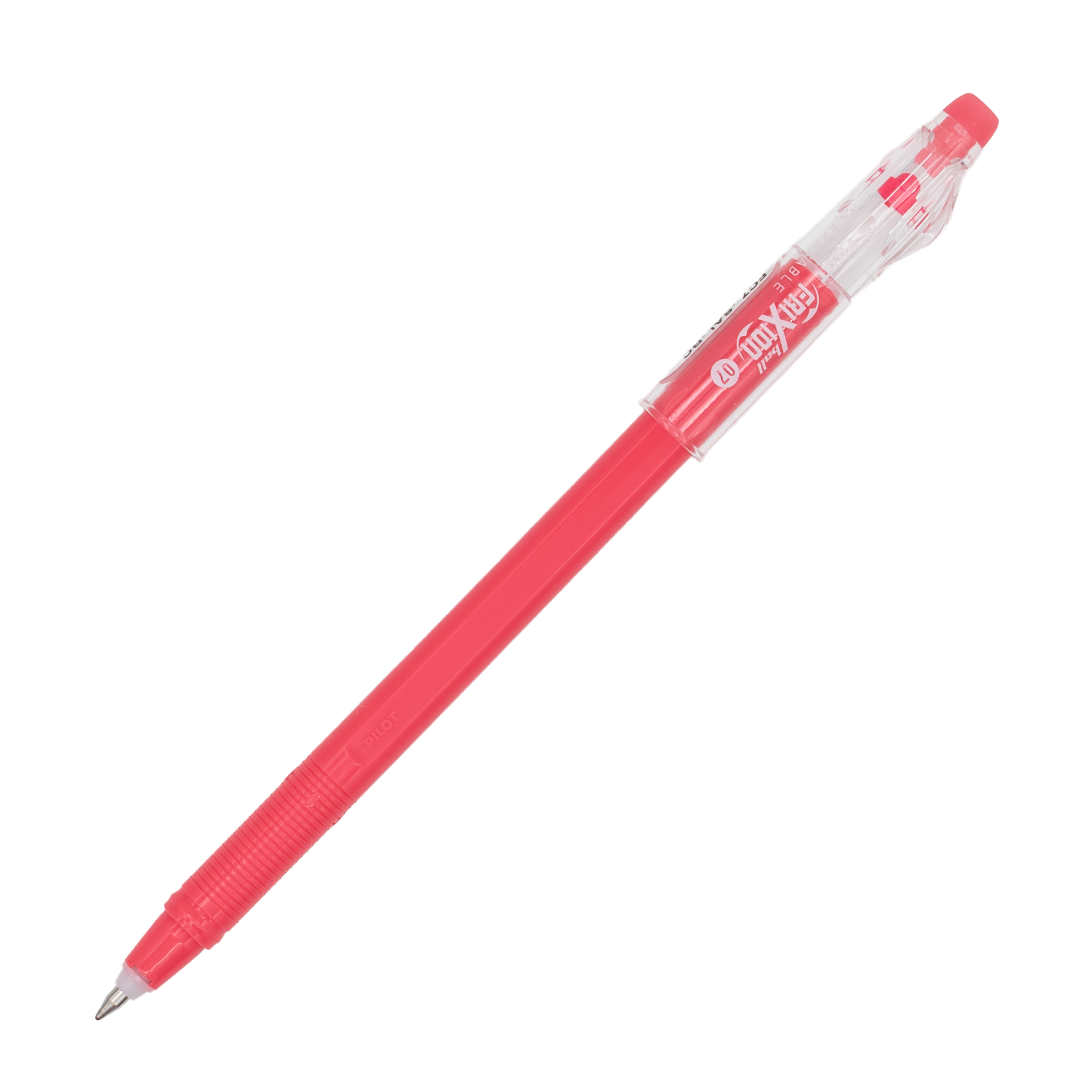 A coral salmon colored pen with a clear cap posted on the barrel on a plain white background.