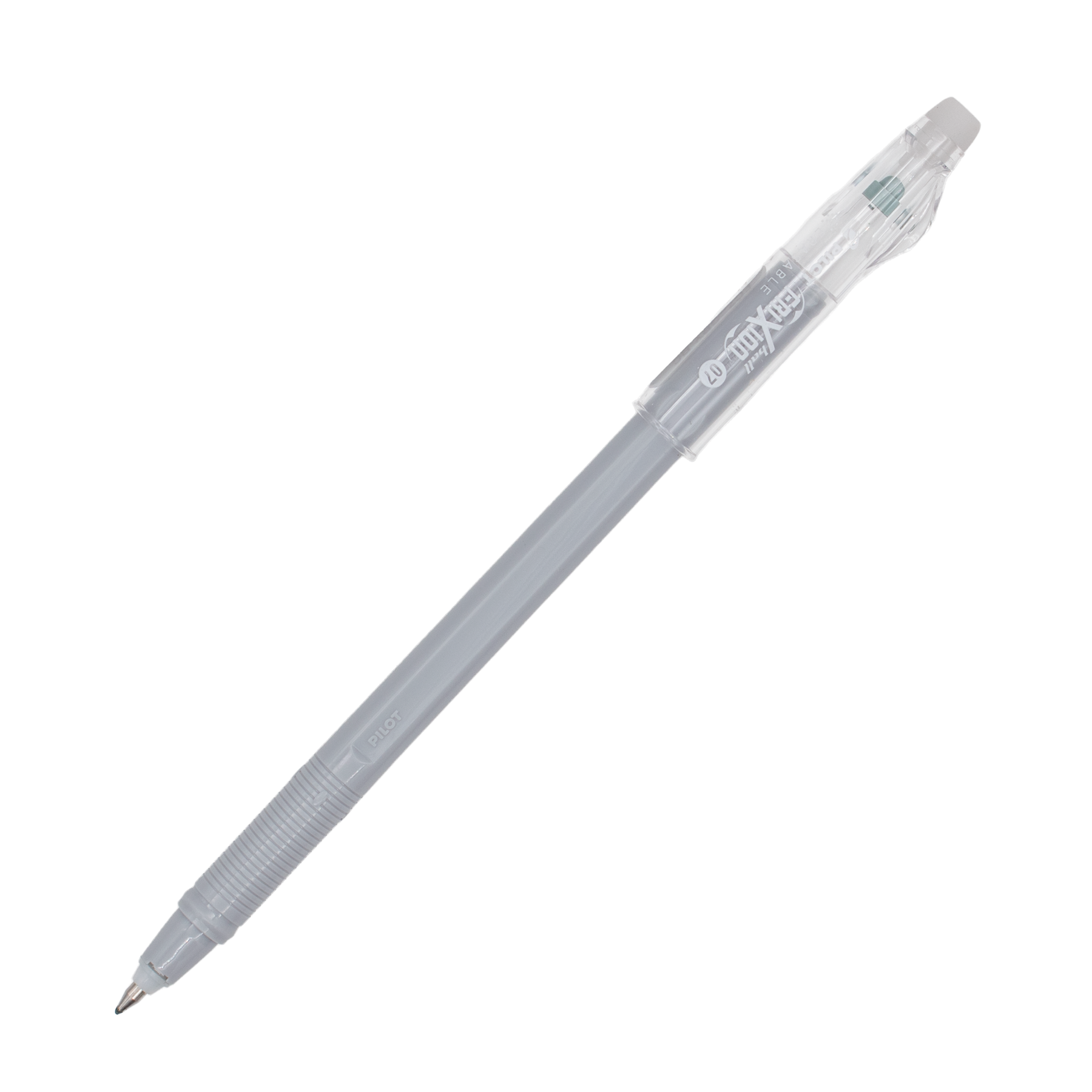A gray pen with a clear cap posted on the barrel on a plain white background.