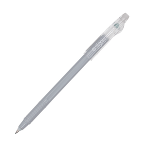 A gray pen with a clear cap posted on the barrel on a plain white background.