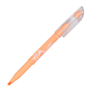 A pastel orange retractable chisel highlighter with a clear plastic cap, shown diagonally on a solid white background.