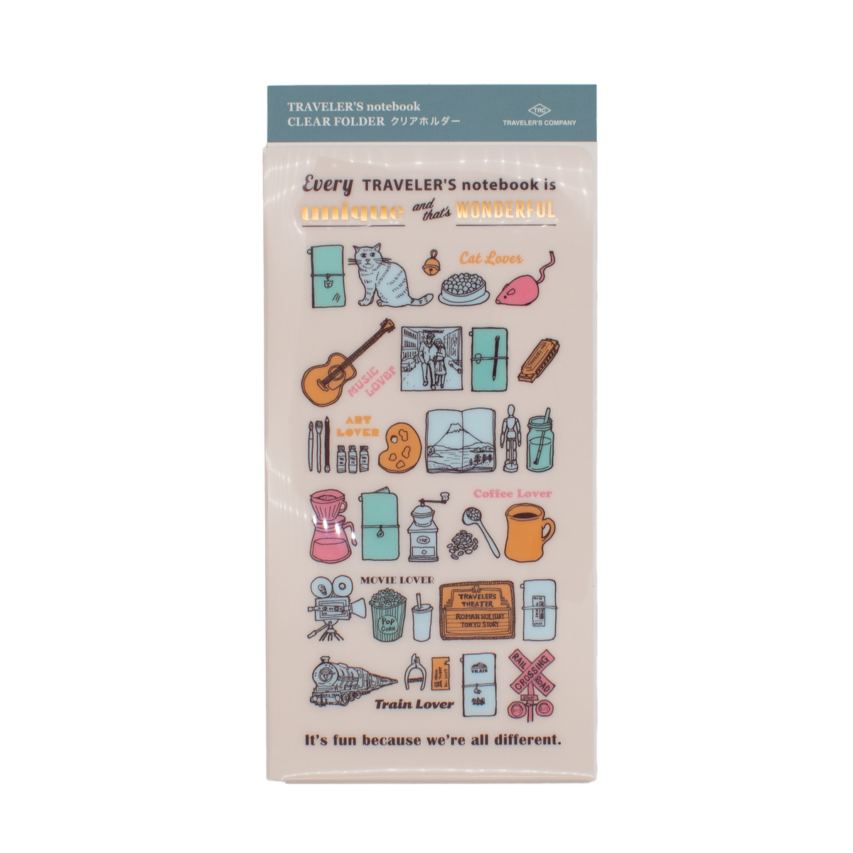 A regular sized Traveler's Company cream colored folder with various icons of varying colors. The top of the folder says 'Every TRAVELER'S notebook is unique and that's wonderful' 'cat lover' 'music lover' 'art lover' 'coffee lover' 'movie lover' 'train lover' for each row of illustrations and the bottom of the folder says 'It's fun because we're all different.' This folder is on a white background.