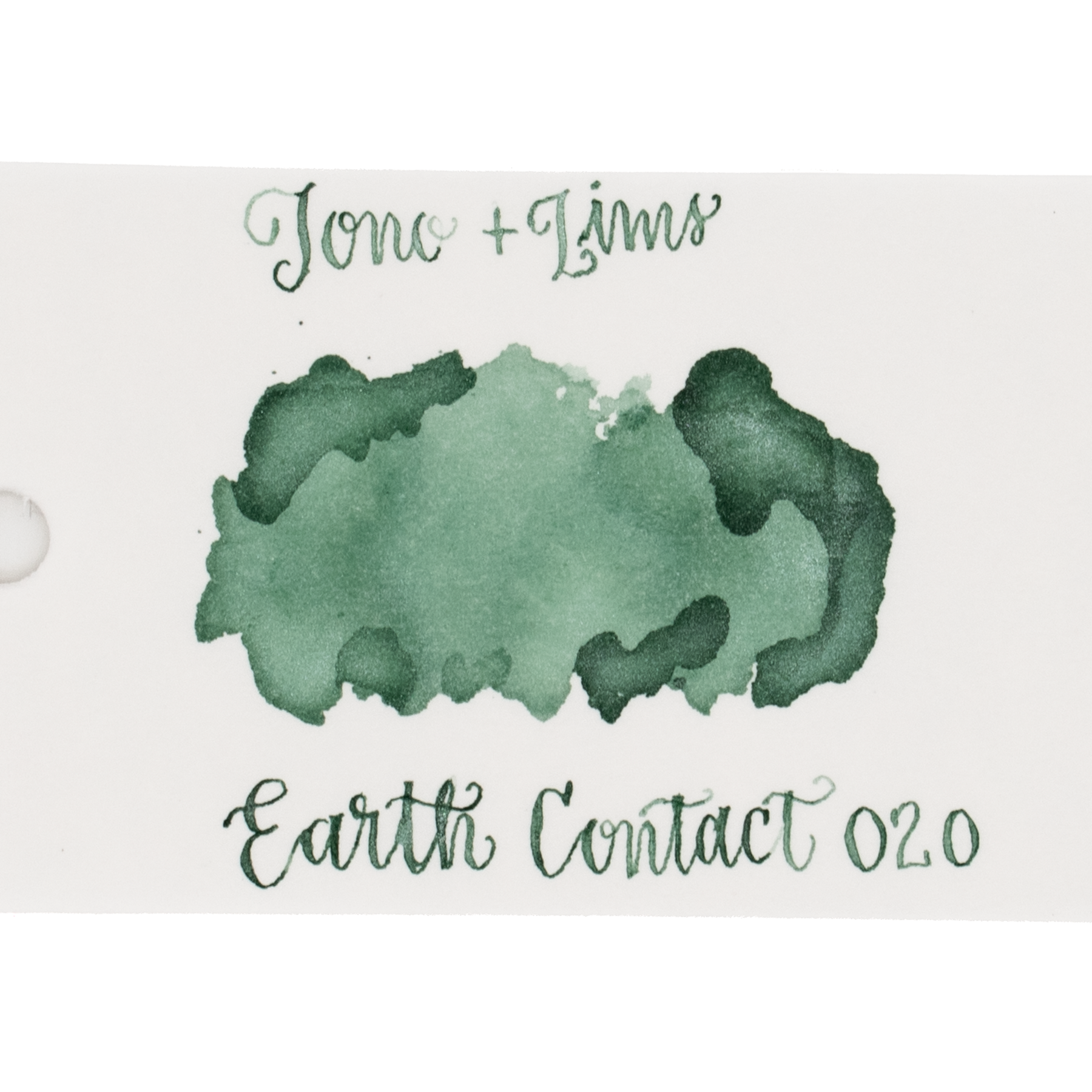 An ink swatch in jade green on white paper, with the text 'Tono+Lims' at the top and 'Earth Contact 020' at the bottom in matching green script on a plain white background.