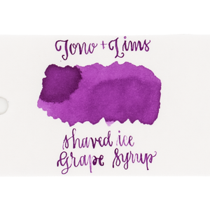 An ink swatch in bright magenta purple on white paper, with the text 'Tono+Lims' at the top and 'shaved ice grape syrup' at the bottom in matching purple script on a plain white background.
