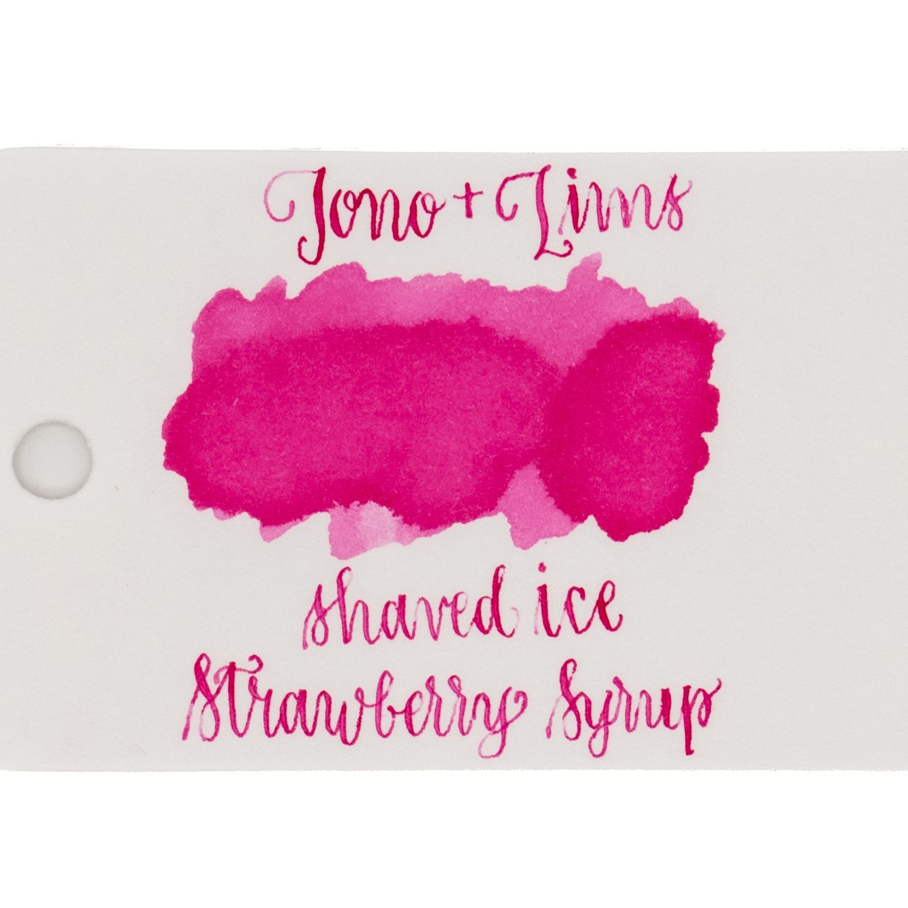 An ink swatch in a hot pink on white paper, with the text 'Tono+Lims' at the top and 'shaved ice strawberry syrup' at the bottom in matching pink script on a plain white background.