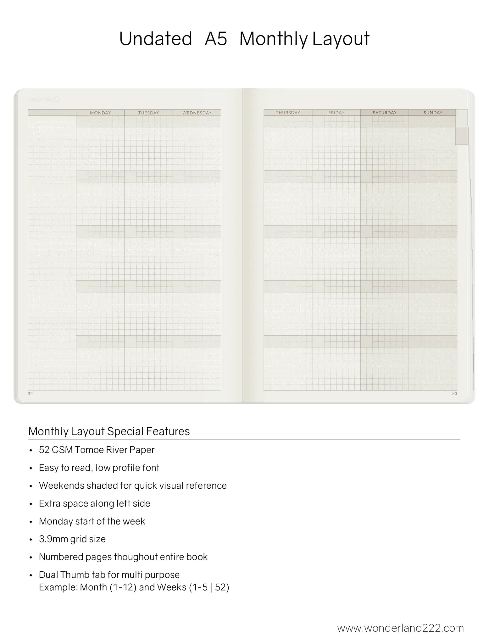 Wonderland222 Undated Weekly Planner A5 - Core - Stacked Weekends v.1