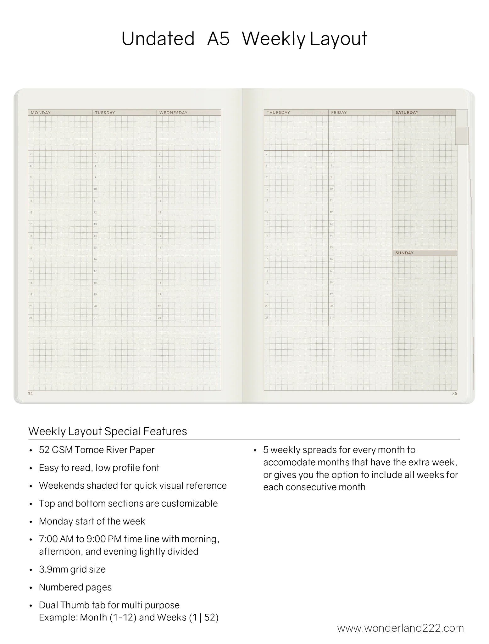 Wonderland222 Undated Weekly Planner A5 - Core - Stacked Weekends v.1