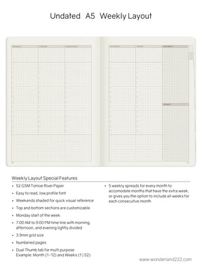 Wonderland222 Undated Weekly Planner A5 - Core - Stacked Weekends v.1