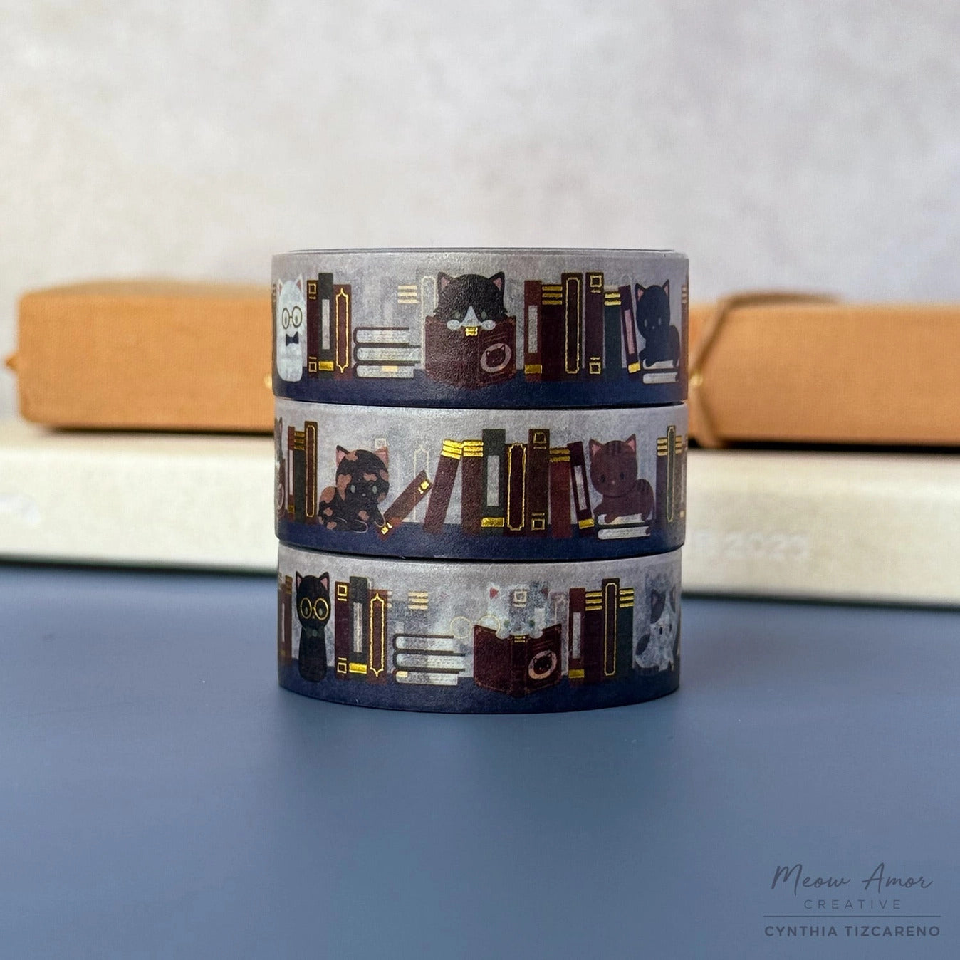 Meow Amor Creative Washi Tape - Book Cats Gold Foil