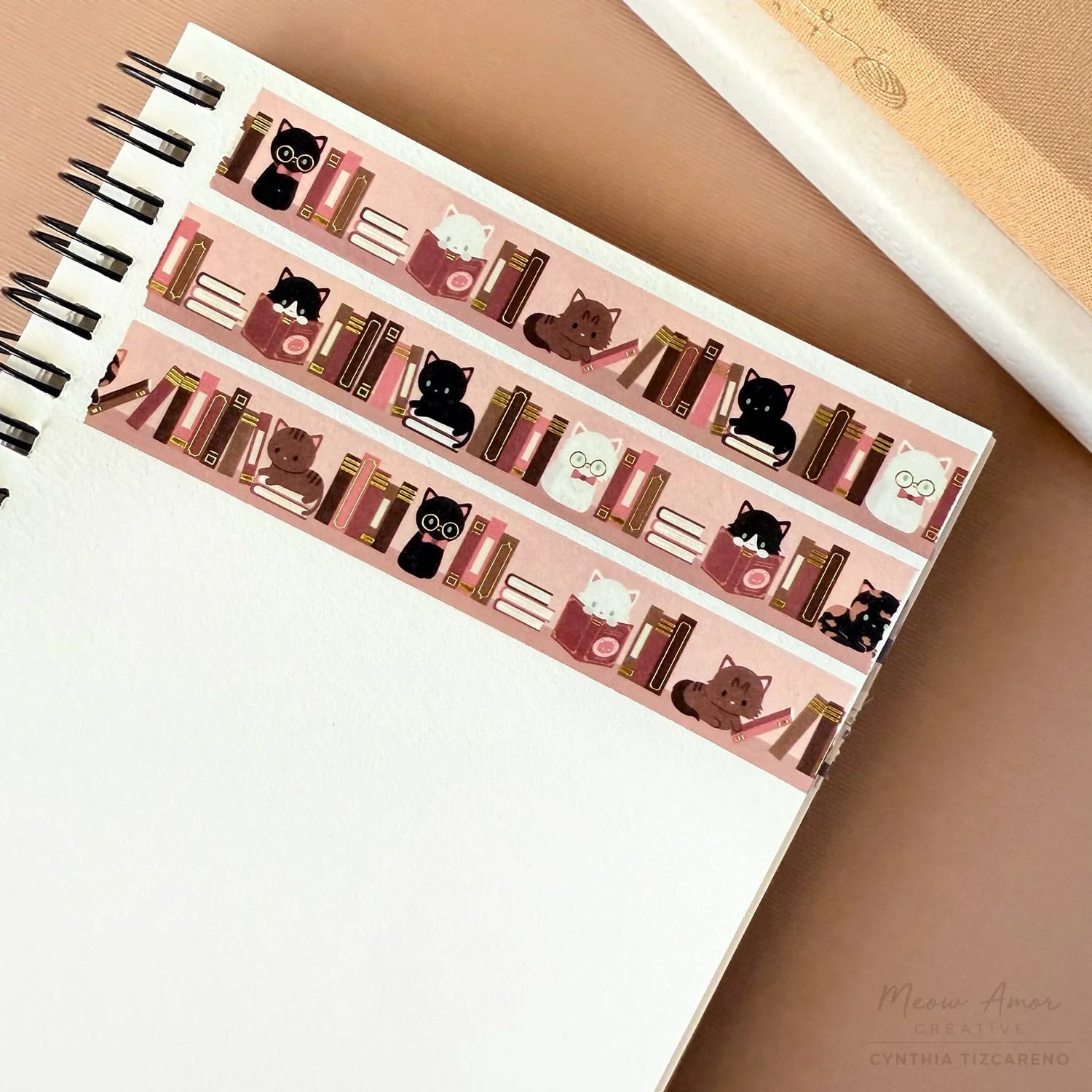 Meow Amor Creative - Blush Book Cats Gold Foil Washi Tape