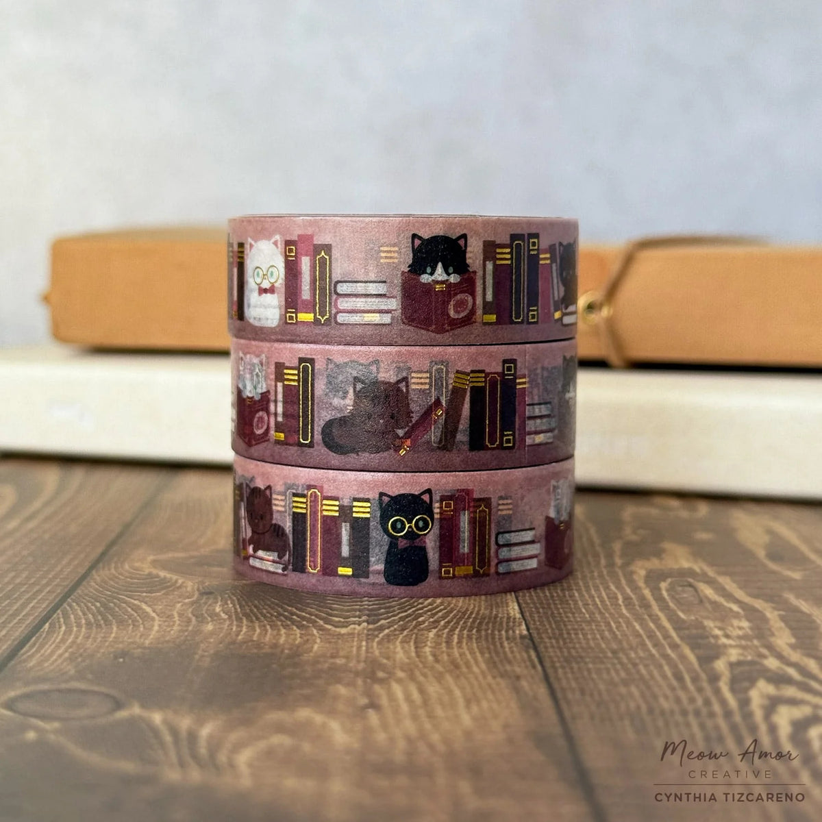 Meow Amor Creative Washi Tape - Blush Book Cats Gold Foil